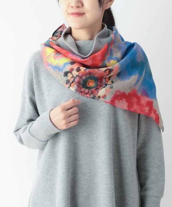 ウールシルク 大花プリントスカーフ B25W008MX
