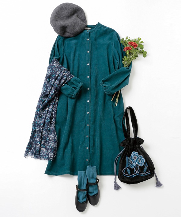 細畝コットンコーデュロイ前開ワンピース 25W063