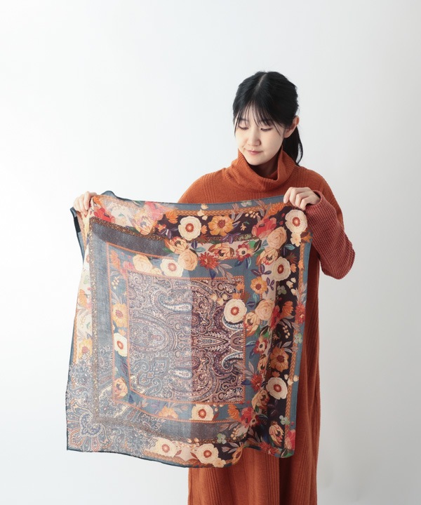 ウール混 花柄プリントスカーフ B25W014