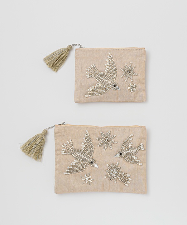 ビーズ刺繍フラットポーチL 18×13cm （2カラー）M42-1681 