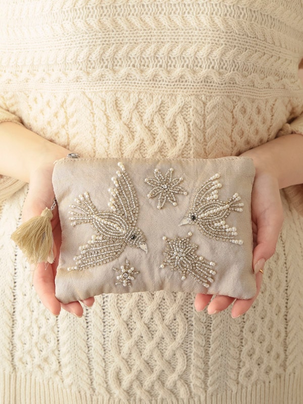 ビーズ刺繍フラットポーチL 18×13cm （2カラー）M42-1681 