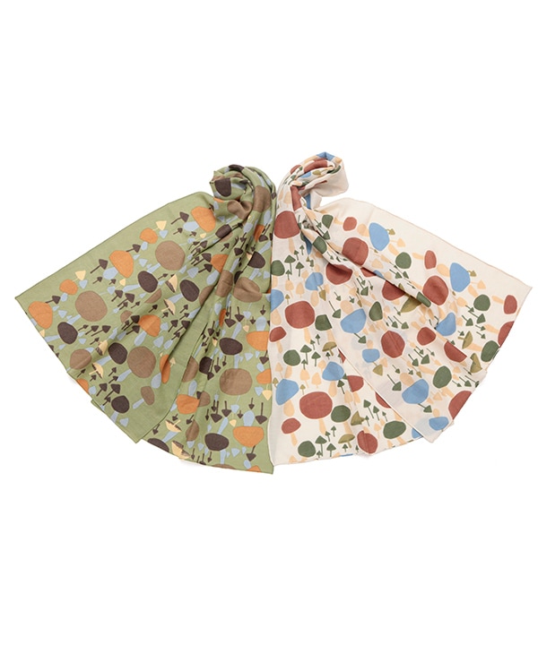 ウールコットン キノコ柄プリントショール（2カラー）50x180cm B24W036