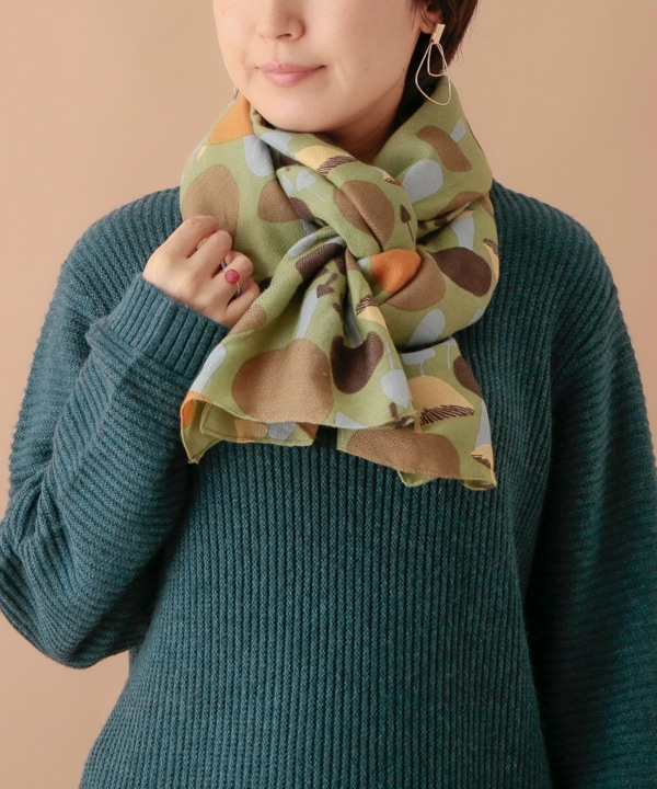 ウールコットン キノコ柄プリントショール（2カラー）50x180cm B24W036