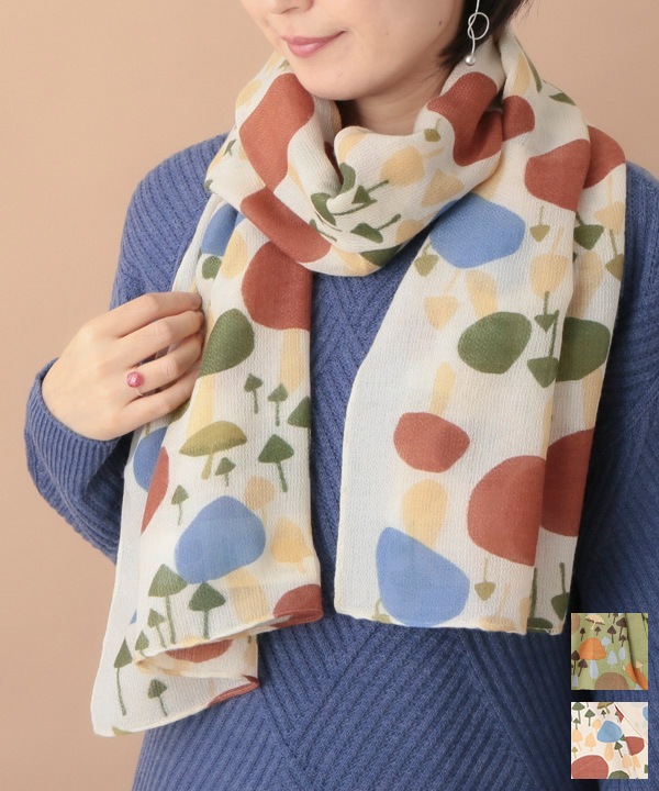 ウールコットン キノコ柄プリントショール（2カラー）50x180cm B24W036