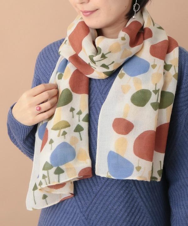 ウールコットン キノコ柄プリントショール（2カラー）50x180cm B24W036