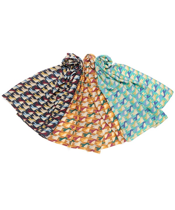 ウールコットン 幾何学ペンギン柄プリントショール（3カラー）50x180cm B24W039 