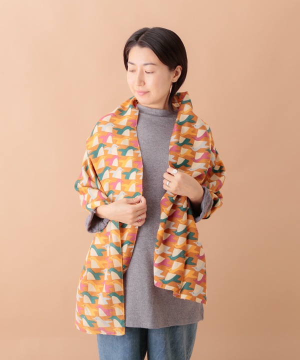 ウールコットン 幾何学ペンギン柄プリントショール（3カラー）50x180cm B24W039 