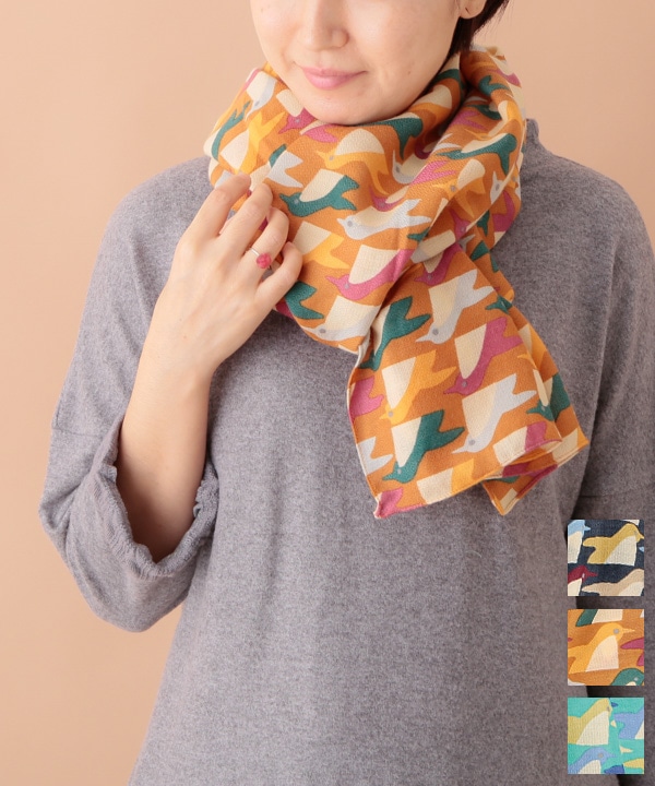 ウールコットン 幾何学ペンギン柄プリントショール（3カラー）50x180cm B24W039 