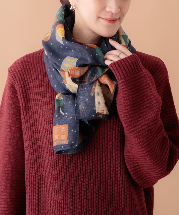 ウールコットン House柄プリントショール（2カラー）50x180cm B24W040 