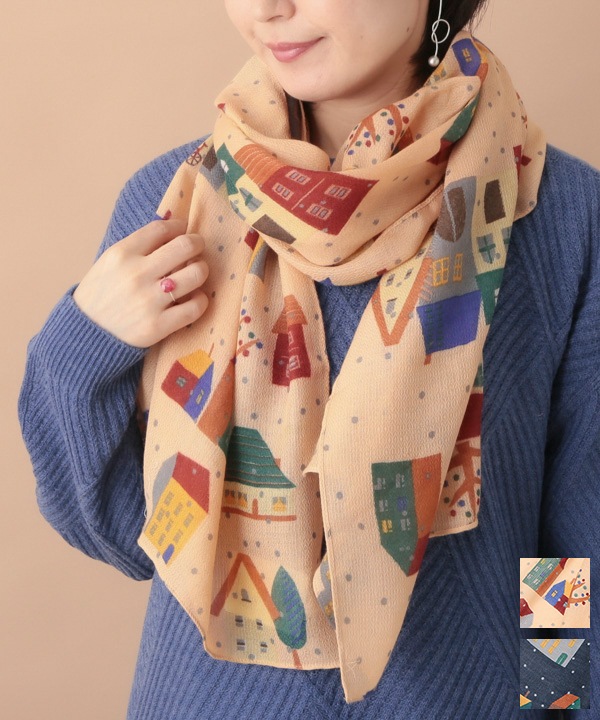 ウールコットン House柄プリントショール（2カラー）50x180cm B24W040 