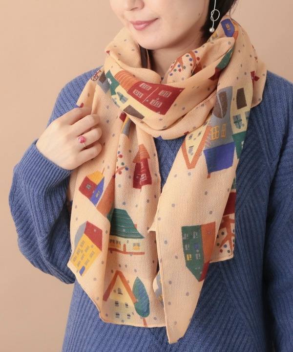 ウールコットン House柄プリントショール（2カラー）50x180cm B24W040 