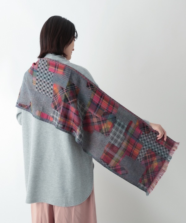 ウール混 パッチワーク風ジャガードショール B25W019