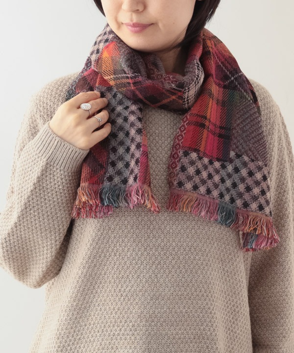 ウール混 パッチワーク風ジャガードショール B25W019