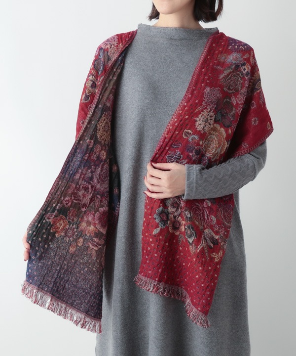 コットンウール 花柄ジャガードショール B25W020