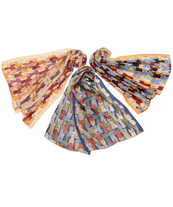 ウールコットン 猫柄プリントショール（3カラー）50x180cm B24W044