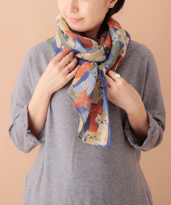 ウールコットン 猫柄プリントショール（3カラー）50x180cm B24W044