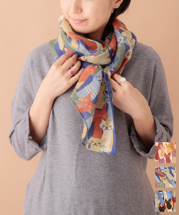 ウールコットン 猫柄プリントショール（3カラー）50x180cm B24W044