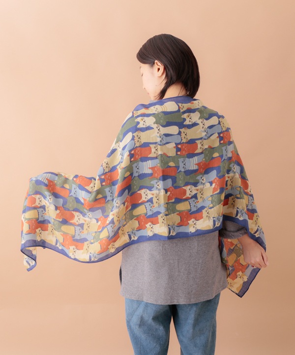 ウールコットン 猫柄プリントショール（3カラー）50x180cm B24W044