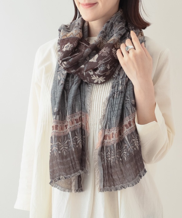 コットンウール ボタニカル柄ジャガードショール B25W022