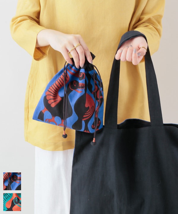 CHIZURI×KANKANコラボ 巾着A ポーチ 21×27cm（ブルー・オレンジ）M41-2419