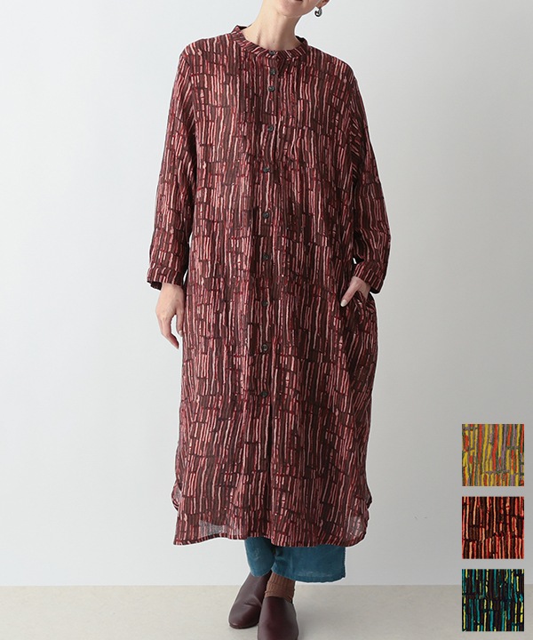 五月雨プリント・クレープコットンシャツワンピース 25W402