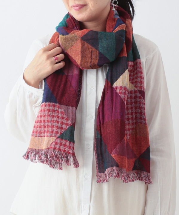 コットンウール 幾何学柄ジャガードショール B25W024WI