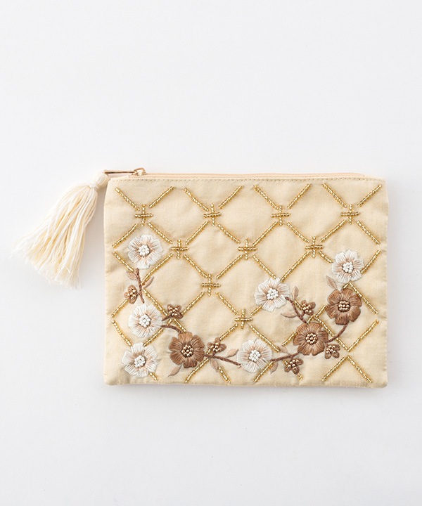 フラワー格子 刺繍ポーチL 18×13cm M42-2874