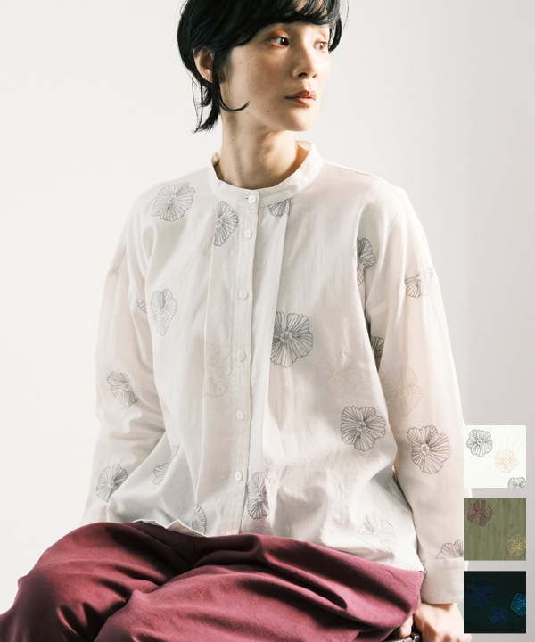 綿麻踊るお花たち刺繍シャツブラウス 25W408