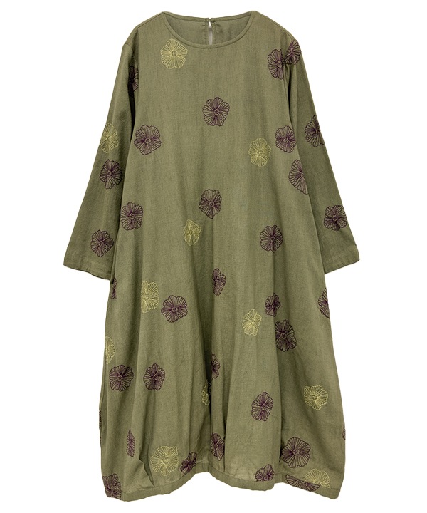 綿麻踊るお花たち刺繍コクーンワンピース 25W409