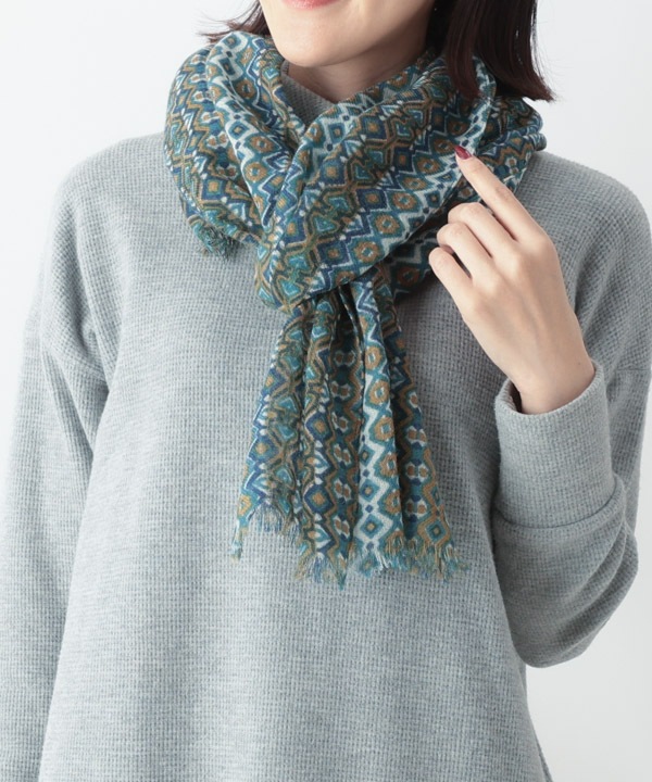 ウール100％ 幾何学柄プリントショール B25W029