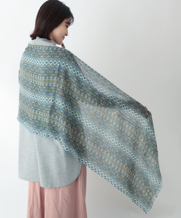 ウール100％ 幾何学柄プリントショール B25W029