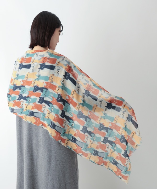 ウール100％ ネコ柄プリントショール B25W030