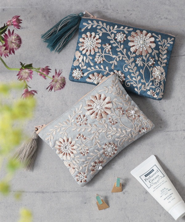 ビーズ刺繍ミニフラットポーチ 15×10cm （3カラー）M42-1074