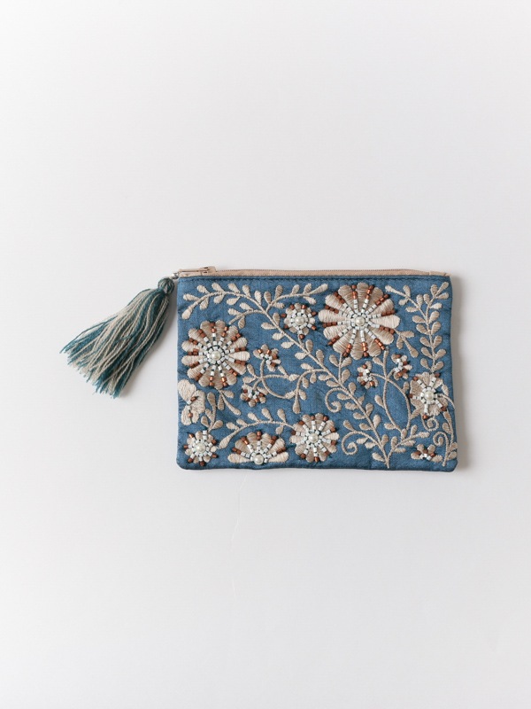 ビーズ刺繍ミニフラットポーチ 15×10cm （3カラー）M42-1074