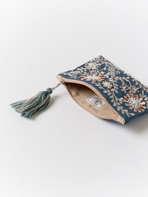 ビーズ刺繍ミニフラットポーチ 15×10cm （3カラー）M42-1074