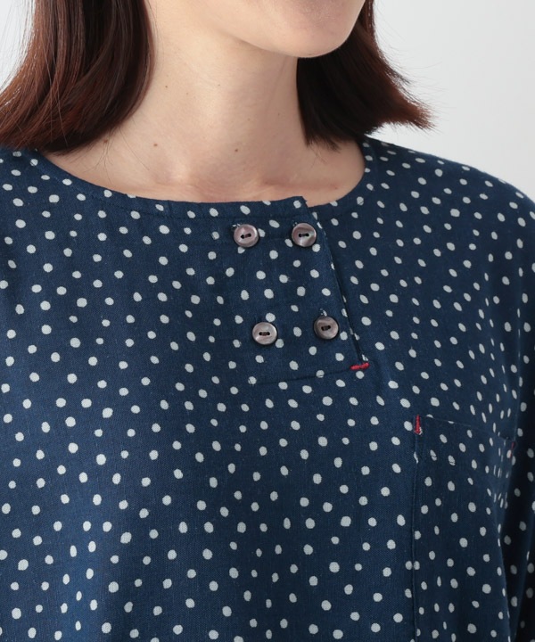 小さなポルカドット・ブロックプリント・綿麻レーヨンラフ・ブラウス 25W417