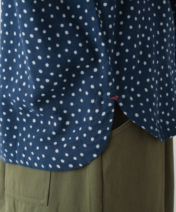 小さなポルカドット・ブロックプリント・綿麻レーヨンラフ・ブラウス 25W417