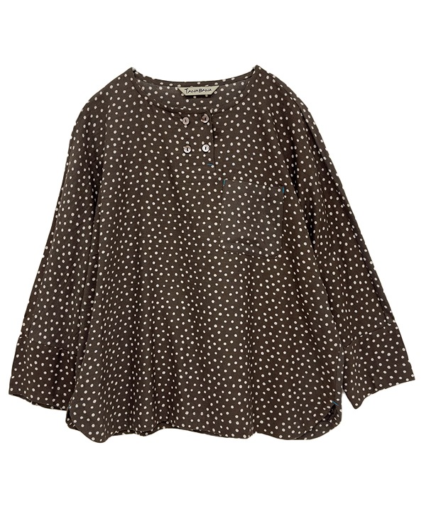 小さなポルカドット・ブロックプリント・綿麻レーヨンラフ・ブラウス 25W417