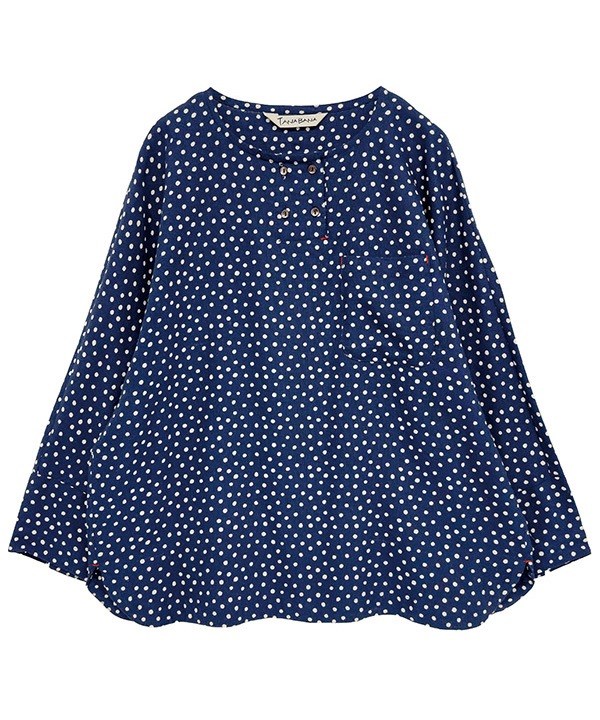 小さなポルカドット・ブロックプリント・綿麻レーヨンラフ・ブラウス 25W417