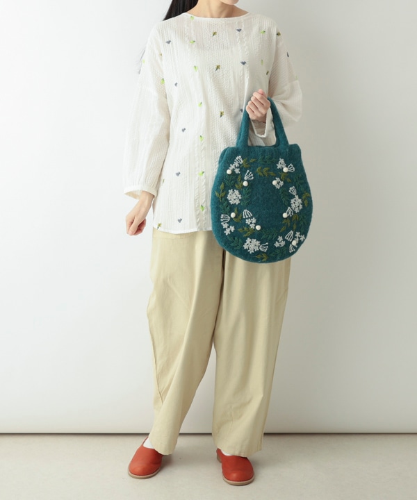 小花リース刺繍卵型フェルトバッグ H26W357