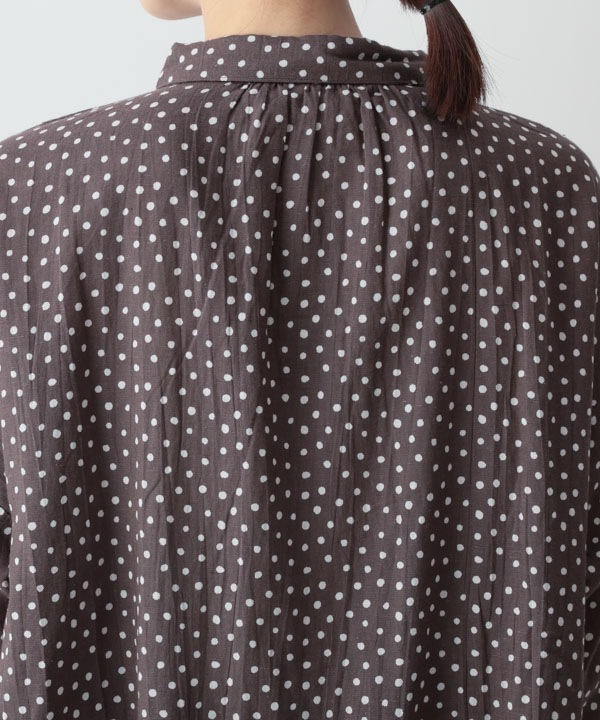 小さなポルカドット・ブロックプリント・綿麻レーヨンギャザーブラウス 25W418