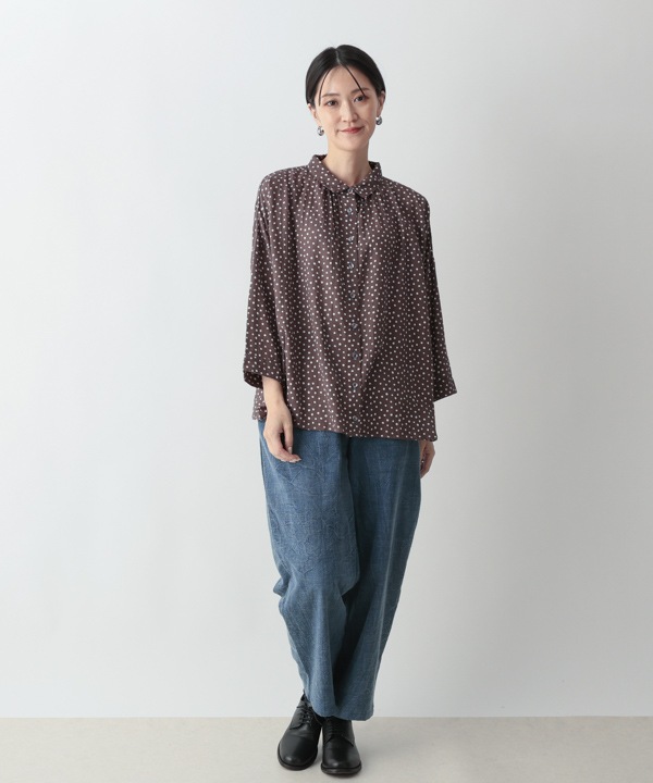 小さなポルカドット・ブロックプリント・綿麻レーヨンギャザーブラウス 25W418