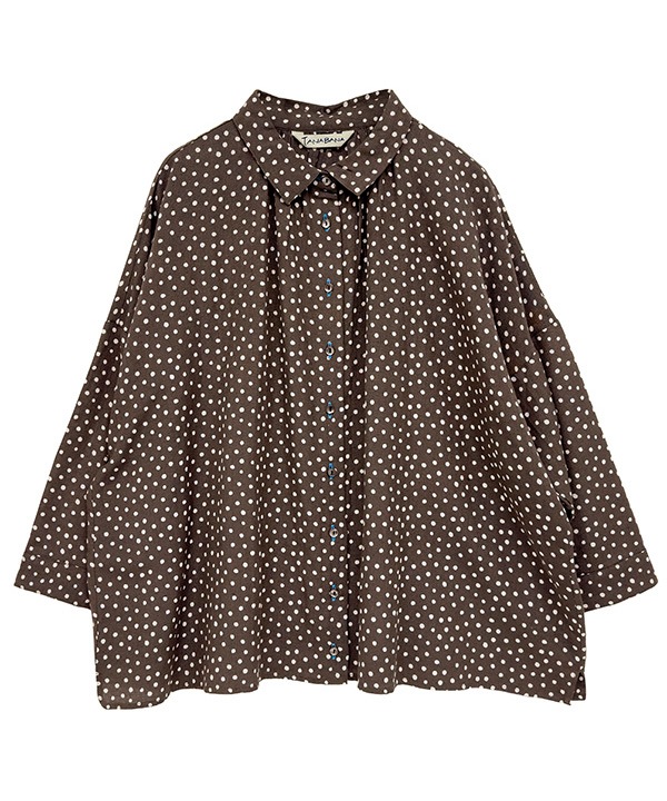 小さなポルカドット・ブロックプリント・綿麻レーヨンギャザーブラウス 25W418