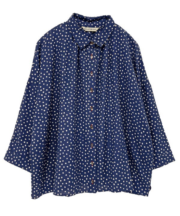 小さなポルカドット・ブロックプリント・綿麻レーヨンギャザーブラウス 25W418