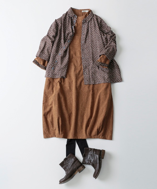 小さなポルカドット・ブロックプリント・綿麻レーヨンギャザーブラウス 25W418