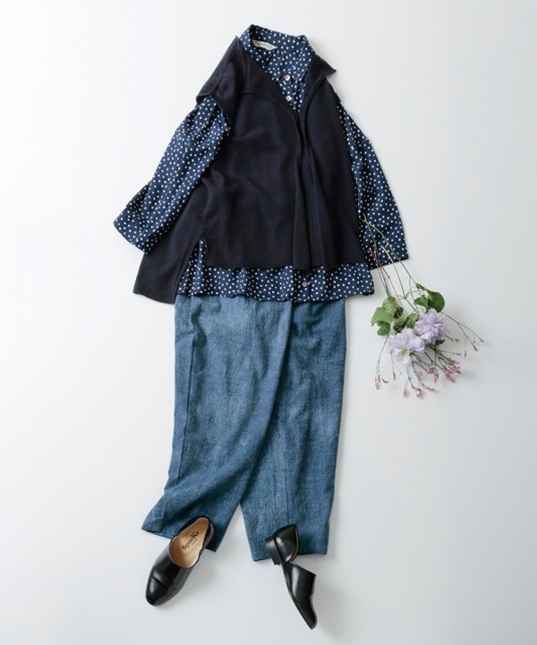 小さなポルカドット・ブロックプリント・綿麻レーヨンギャザーブラウス 25W418