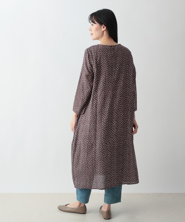小さなポルカドット・ブロックプリント・綿麻レーヨンコクーンワンピース 25W419