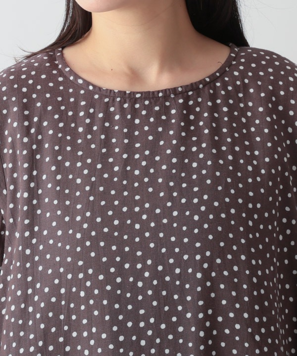 小さなポルカドット・ブロックプリント・綿麻レーヨンコクーンワンピース 25W419