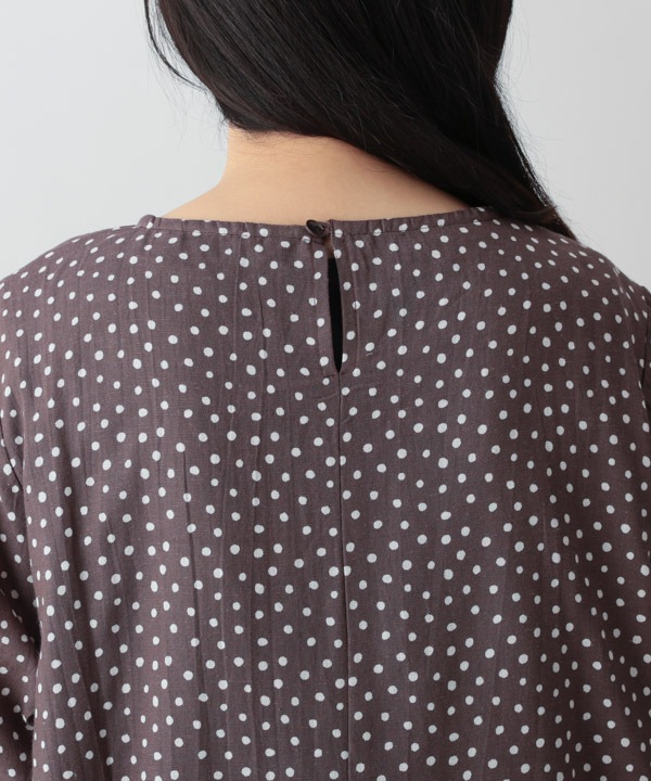 小さなポルカドット・ブロックプリント・綿麻レーヨンコクーンワンピース 25W419