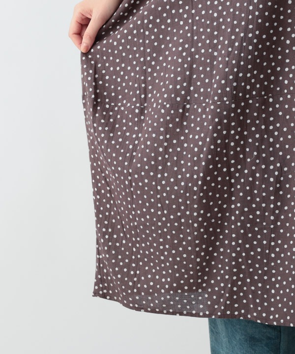 小さなポルカドット・ブロックプリント・綿麻レーヨンコクーンワンピース 25W419